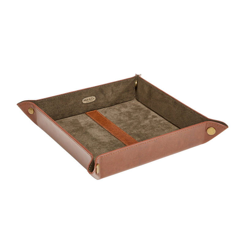 Mens faux leather valet tray in cognac with brown fabric insert and stitched edges