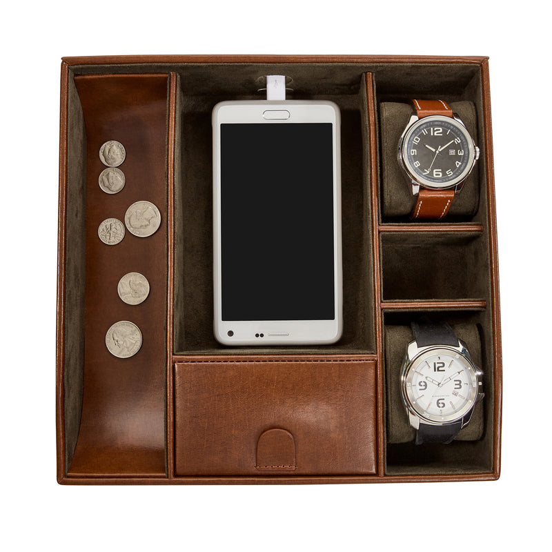 Mele & Co. Finley men's valet tray with phone, watch and coin compartments, brown leather