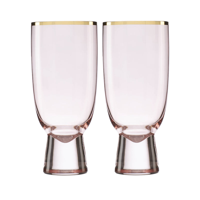 Set of two blush pink glass tumblers with gold rim and hourglass shape