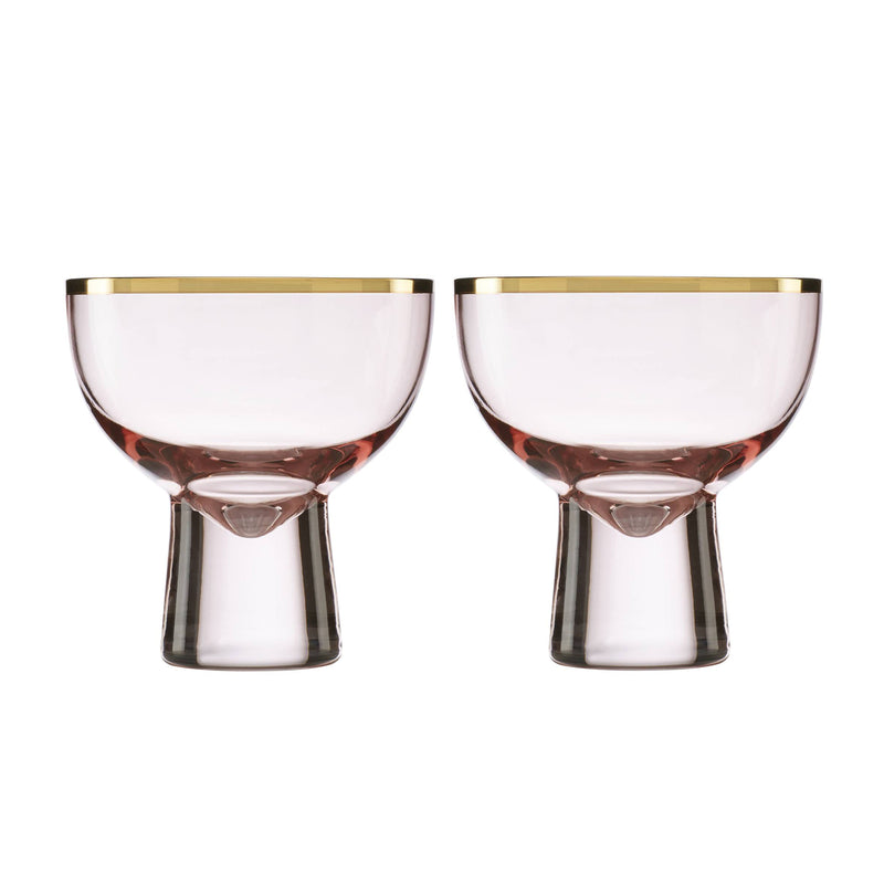 Blush pink stemmed cocktail glasses set, two cups with gold rim and base