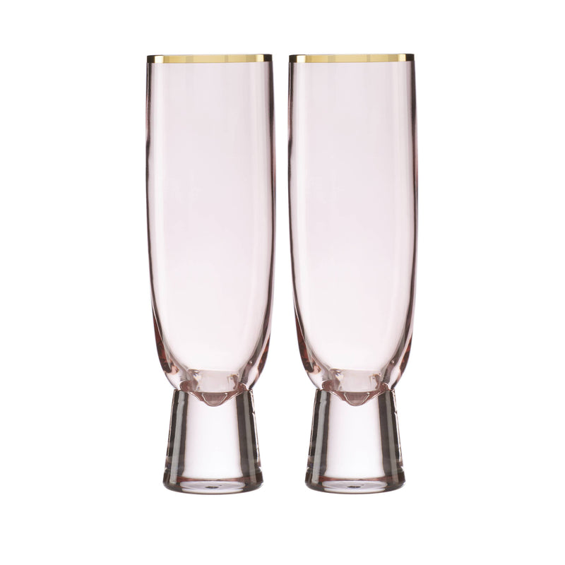 Two-piece pink flute glass set with gold rim, tall cylindrical shape