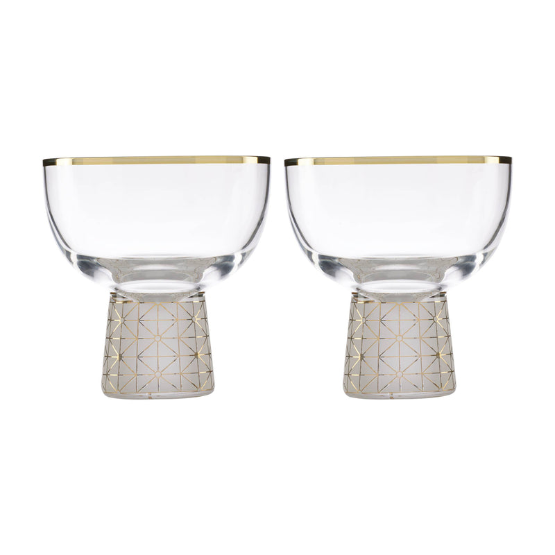 2 frosted cocktail glasses with gold geometric bases and metallic gold rims