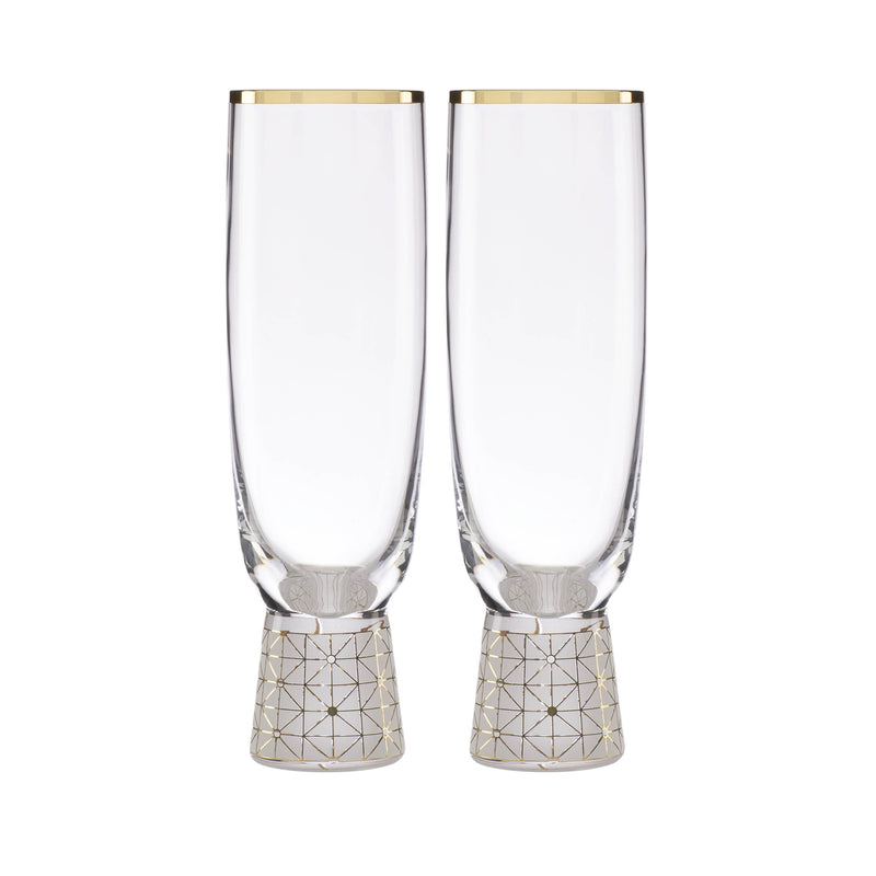 Set of 2 frosted flute glasses with gold rims and geometric-pattern stems