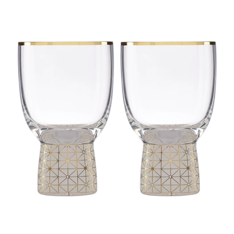Frosted wine glass set, 2-piece with gold geometric band and clear rim