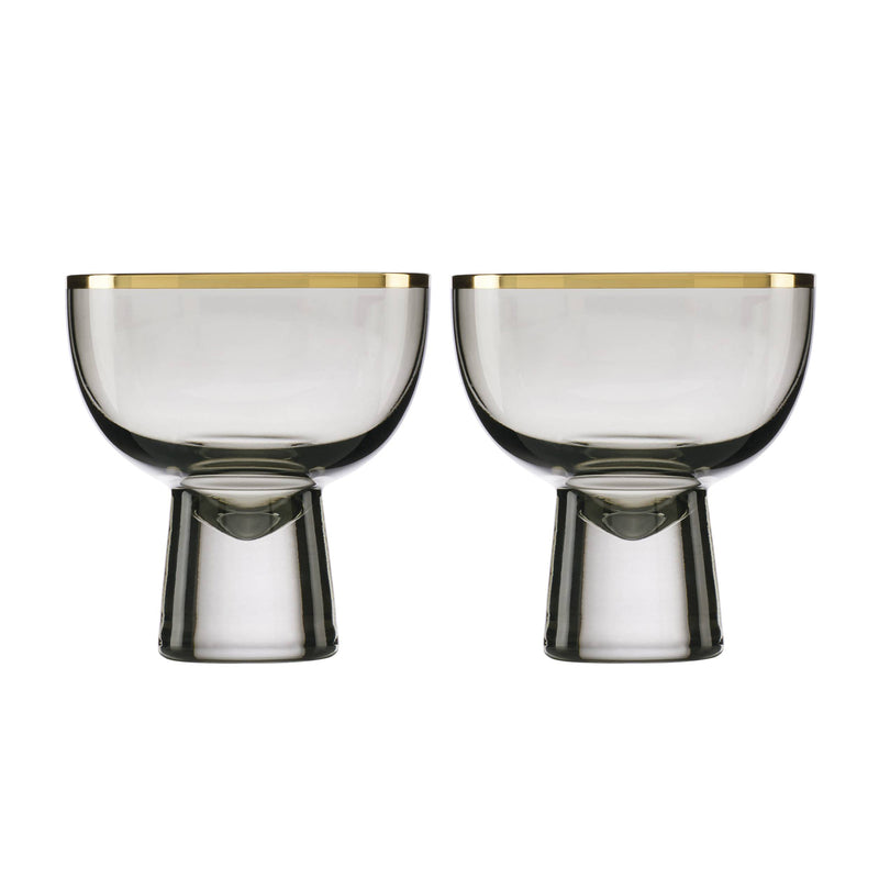 2-piece cocktail glass set with gold rim and black stem, two clear glasses