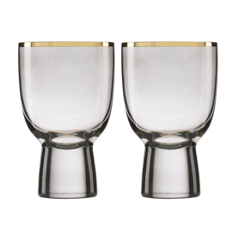 2 wine glasses with gold rim and clear body, curved bowl and short stem
