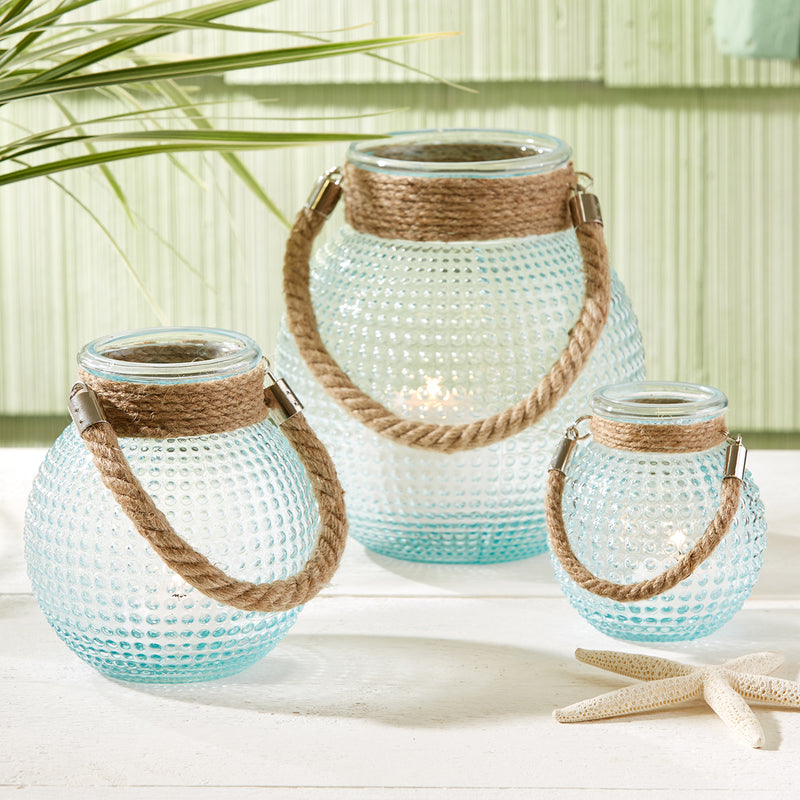 Blue hobnail lantern set of three with glass jar tops and rope handles
