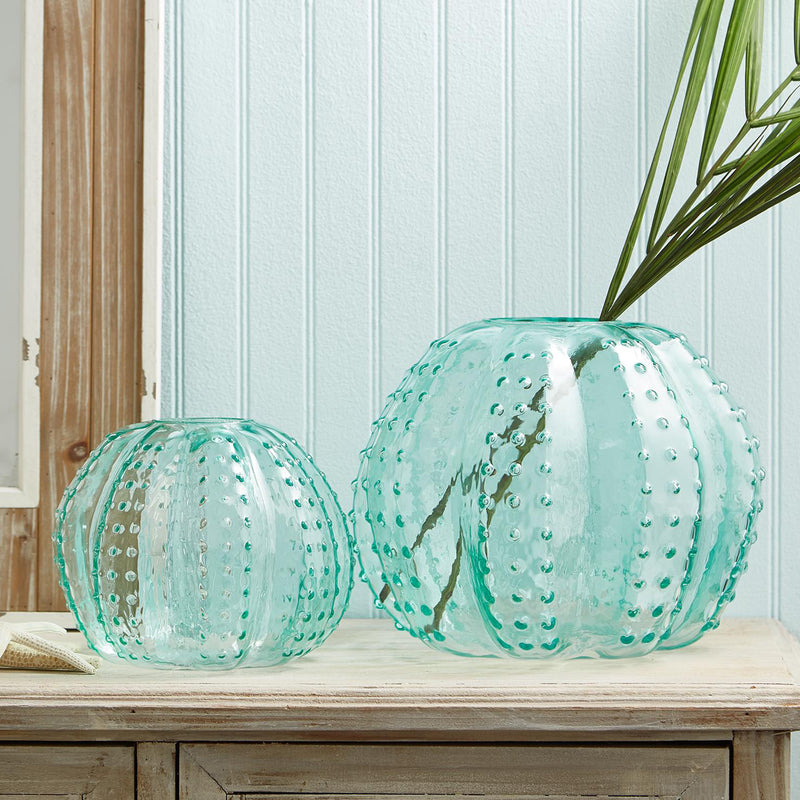Set of two turquoise sea urchin art glass vases with textured bubbled pattern