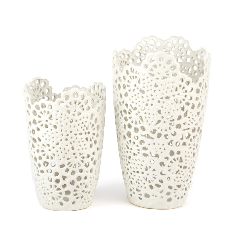 Pair of white openwork lace porcelain vases, cutout floral patterns