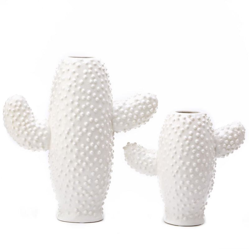 Set of two white ceramic cactus-shaped sculptured vases with dot texture and open tops