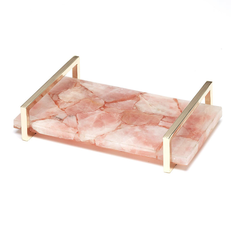 Rose quartz decorative tray with pink stone slab and gold-tone side handles