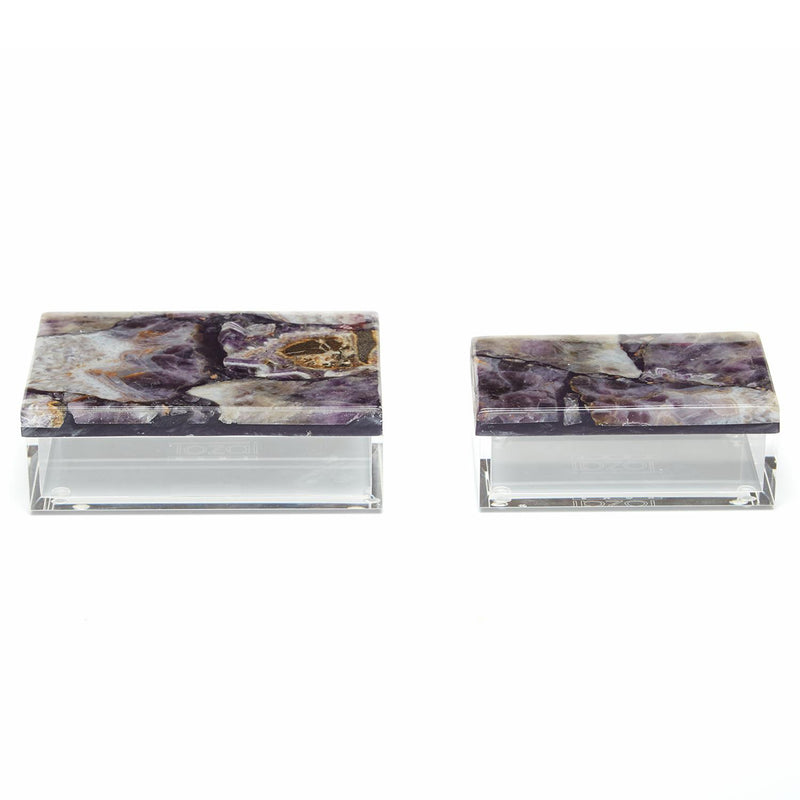 Set of two amethyst decorative boxes with purple stone lids and clear base