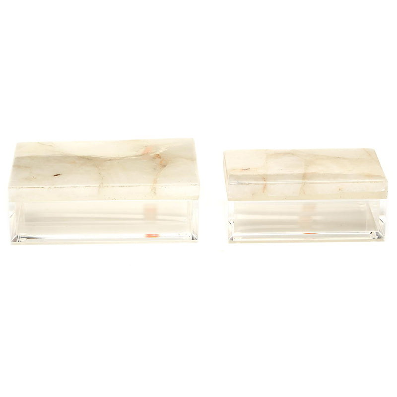 Set of two white quartz decorative boxes, rectangular translucent stone finish