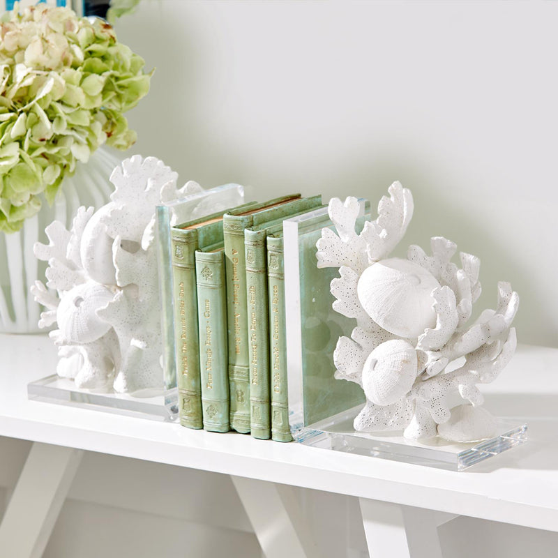 White coral sculpture bookends set of two, holding green books