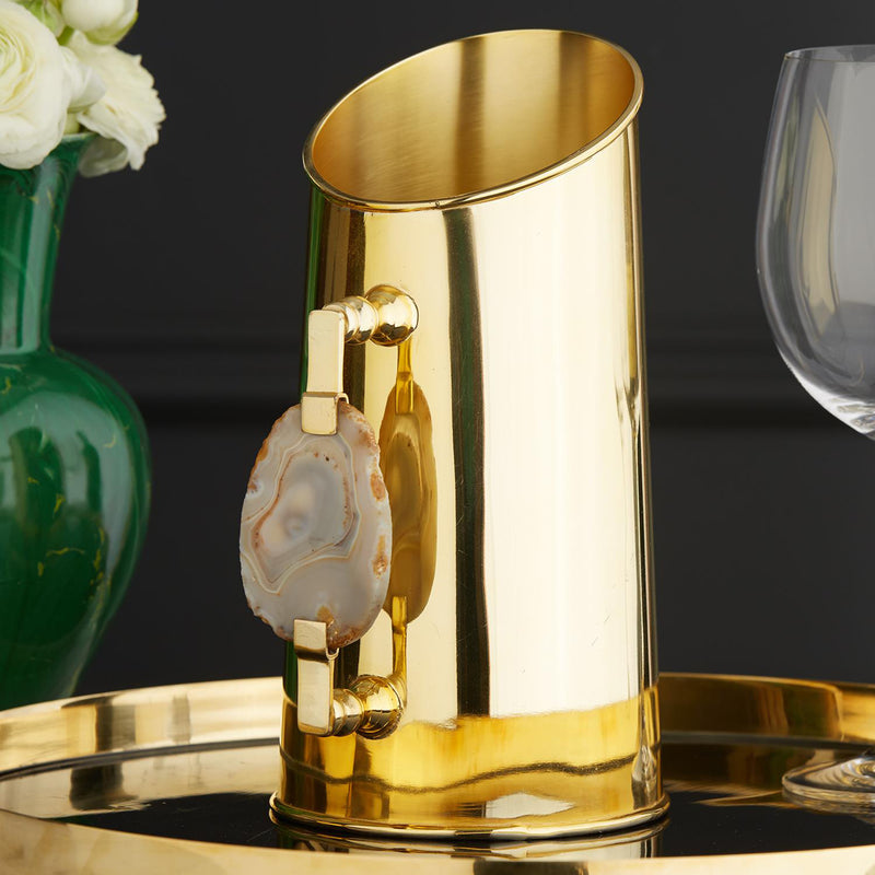 Gold stainless steel pitcher with agate handle detail and wide open top