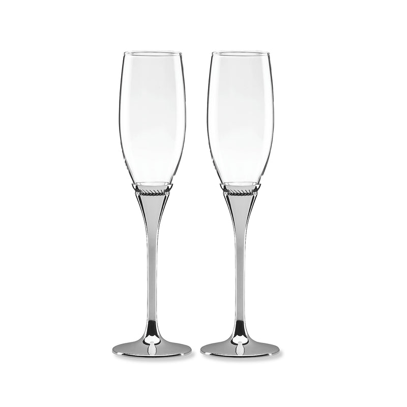 Flute glasses set of two with clear bowls and silver-toned stems