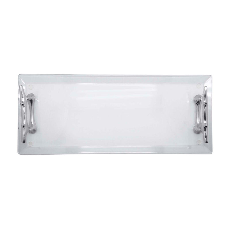 Clear acrylic serving tray with metal boat cleat-style handles on both sides