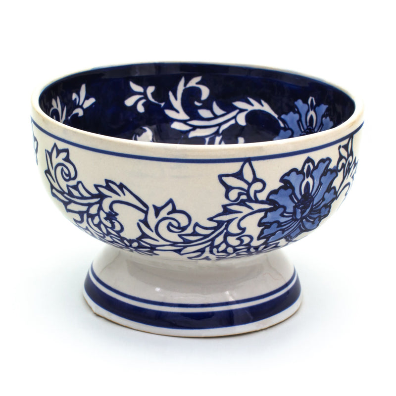Porcelain small bowl with blue handpainted floral pattern, round rim and pedestal base