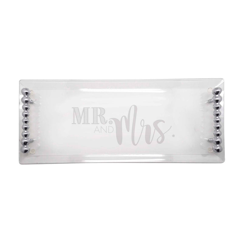 Mariposa acrylic serving tray with Mr and Mrs text and beaded corner accents