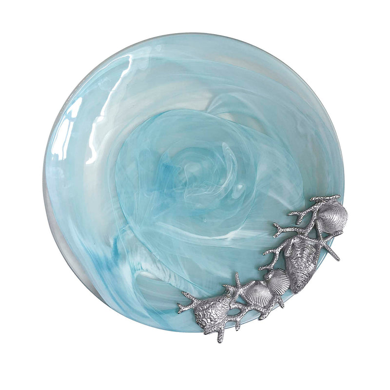 Aqua alabaster shell platter with silver seashell and starfish decor