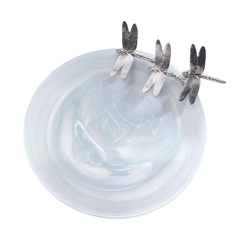 White alabaster round platter with three raised dragonfly accents, silver-toned
