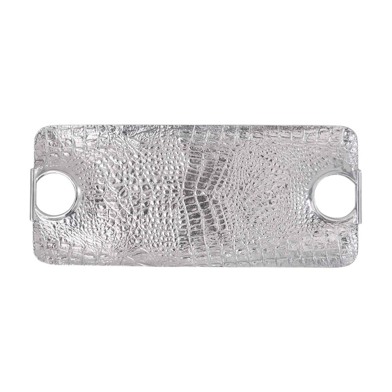 Textured croc-print handle tray with two round cutouts, silver-gray