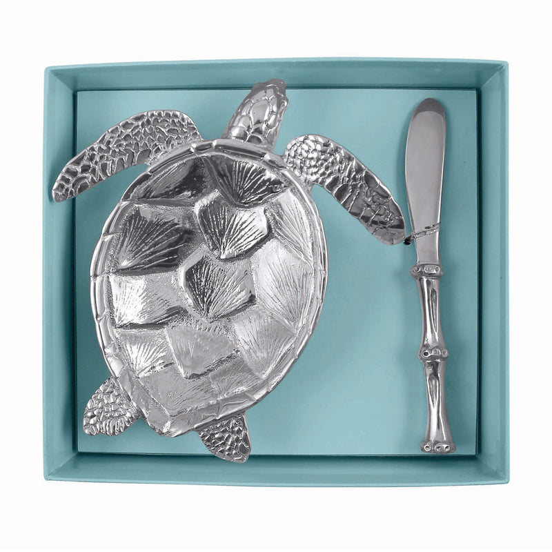 Silver sea turtle serving dish with matching fork and spoon in set