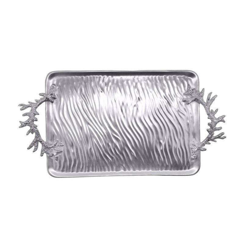 Rectangular ripple platter with coral-style handles, silver-toned metal finish