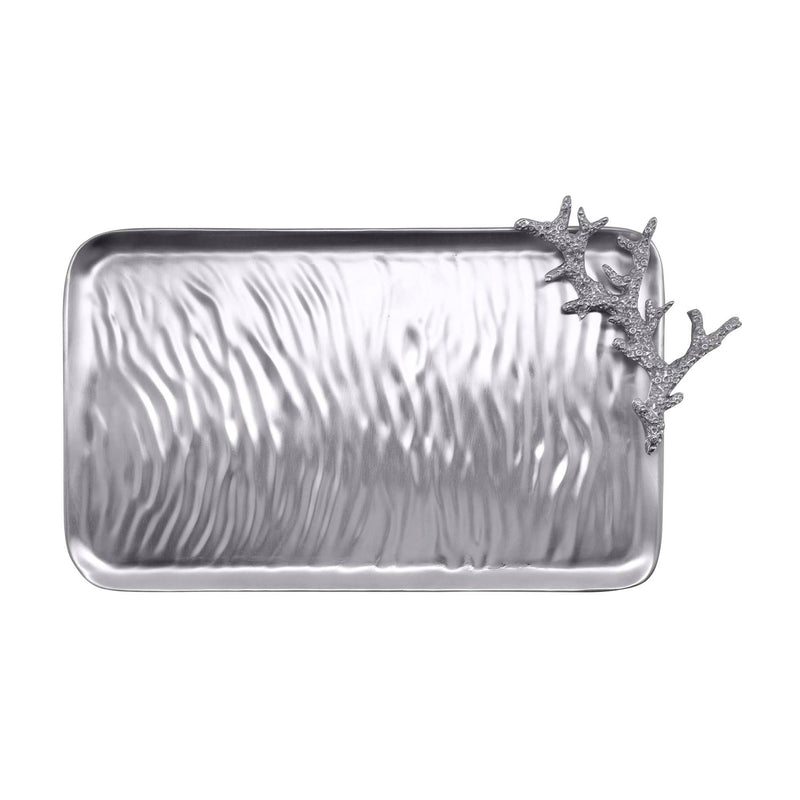 Small rectangular ripple platter with raised coral applique at corner, metallic silver