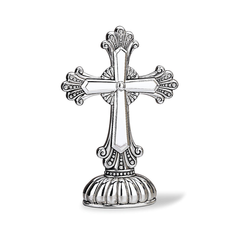 Reed & Barton silverplate standing cross with ornate scrollwork and round pedestal base