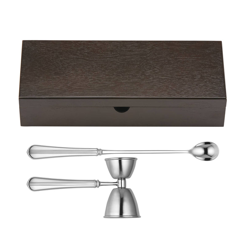 Reed & Barton Benson stainless steel bar tools: jigger, bar spoon, storage box