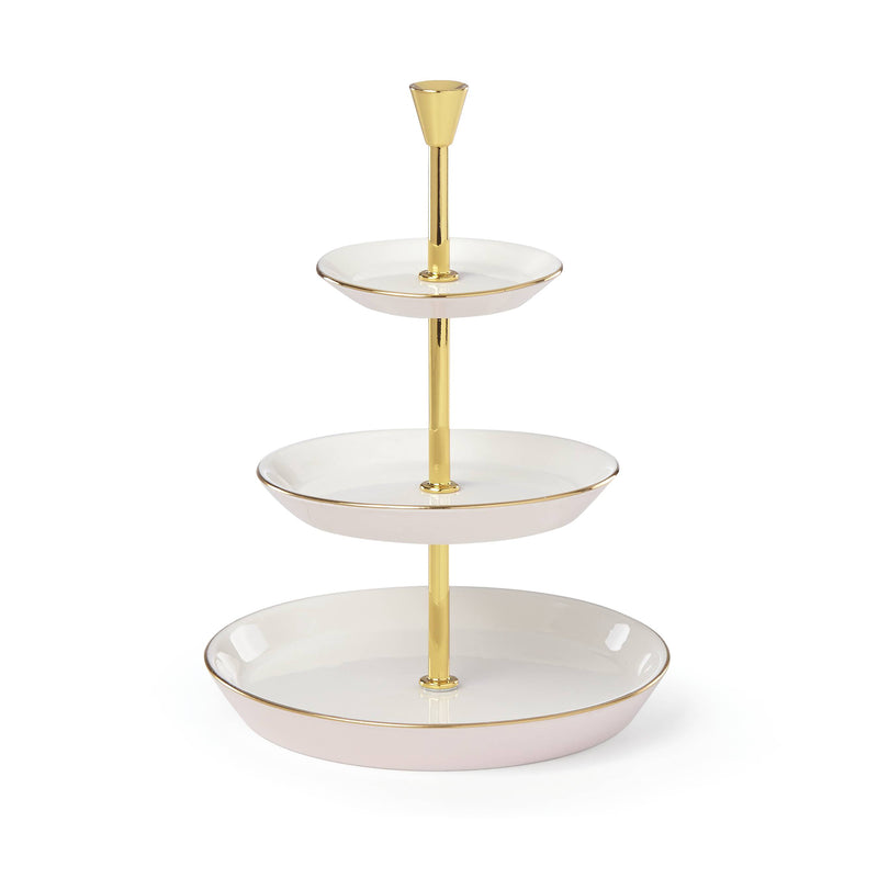 Three-tier ceramic jewelry holder with gold central stand and white trays