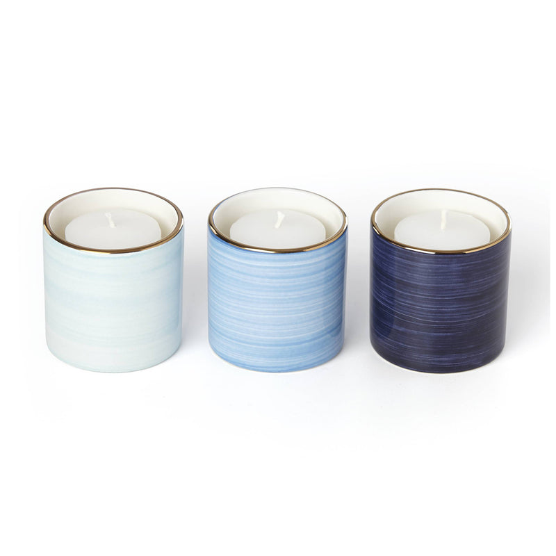 3-piece indigo porcelain votive set with striped holders and gold-trim rims