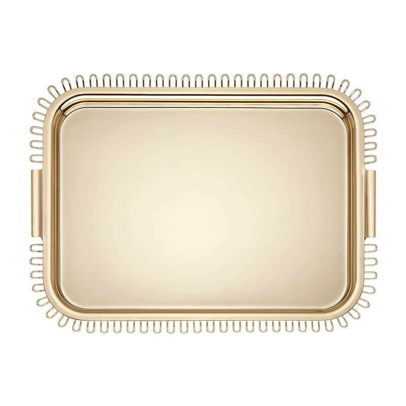 Large gold tray with rounded rectangle center and fringe of metal U-shaped studs