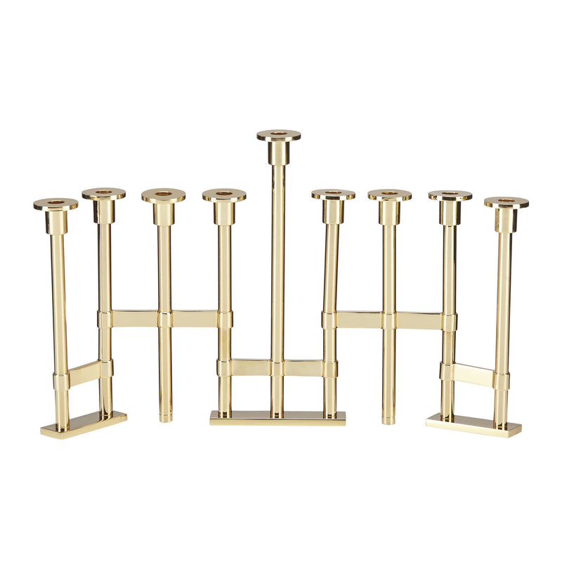 Gold-plated menorah with multiple upright branches and round candle holders