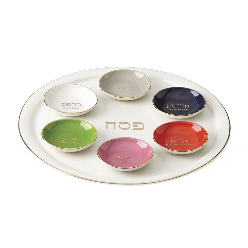 Porcelain seder plate with five colorful bowls and gold Hebrew-style lettering
