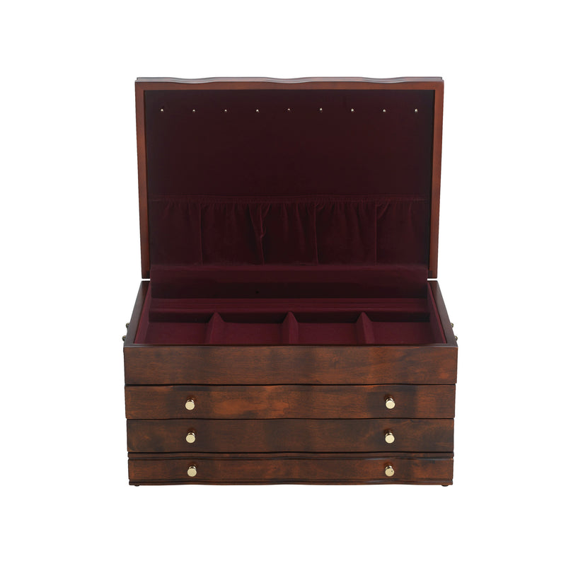 Mahogany jewelry box with open lid, fabric-lined interior and three drawers