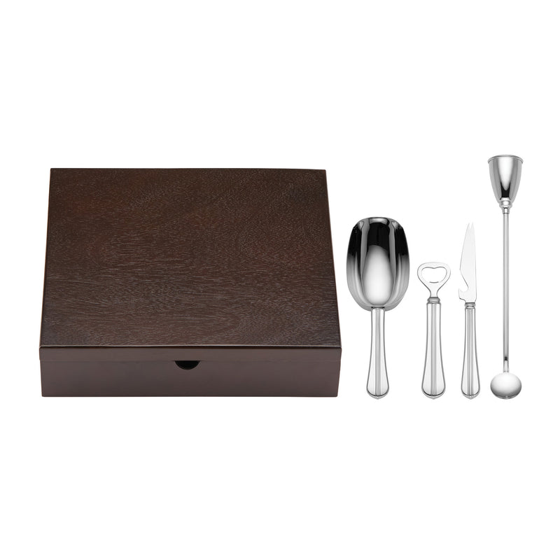 Reed & Barton 4-pc bar tool set with walnut case and four stainless tools
