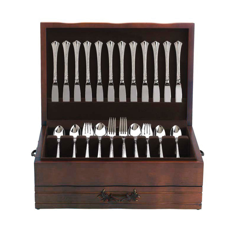 Mahogany flatware chest with open lid, organized stainless utensils in compartments