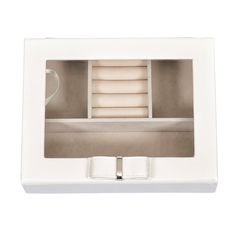 Mele & Co. Dixie white faux leather travel jewelry box, open with compartment tray