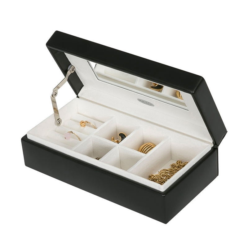 Black faux leather jewelry box, open with compartments and hinged lid