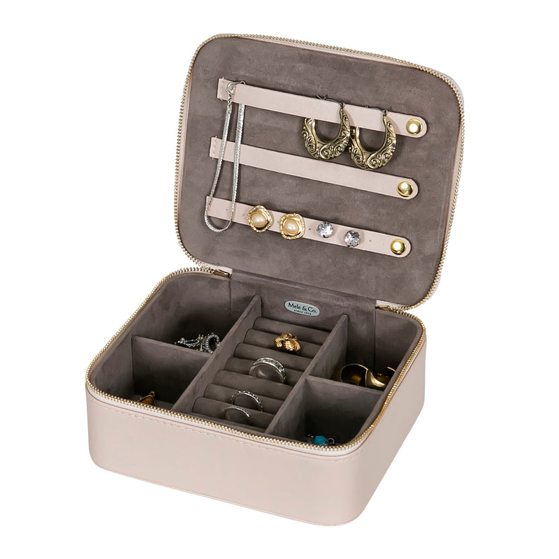 Tan faux leather travel jewelry case with zip top, padded compartments for earrings and rings