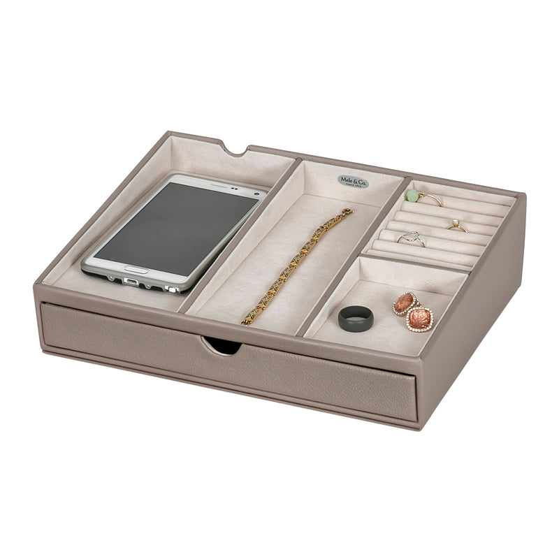 Taupe faux leather jewelry chest with charging station, open compartments for rings and phone