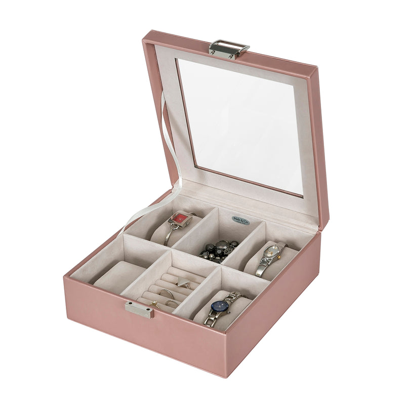 Metallic rose gold faux leather jewelry box with lift lid and padded ring compartments