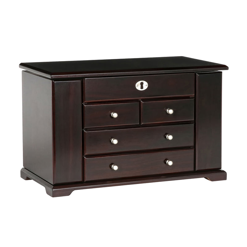 Dark wooden jewelry box with four-drawer front and round key knob