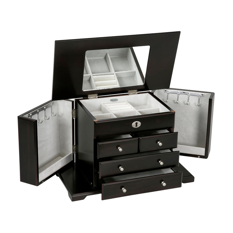 Dark wooden jewelry box open with tray compartments and earring hooks