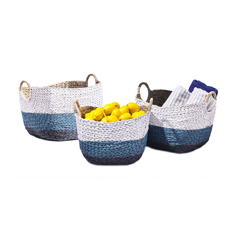 Set of 3 hand-woven baskets, blue and white striped with loop handles
