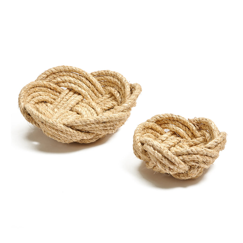 Set of 2 handwoven rope bowls in natural beige braided texture