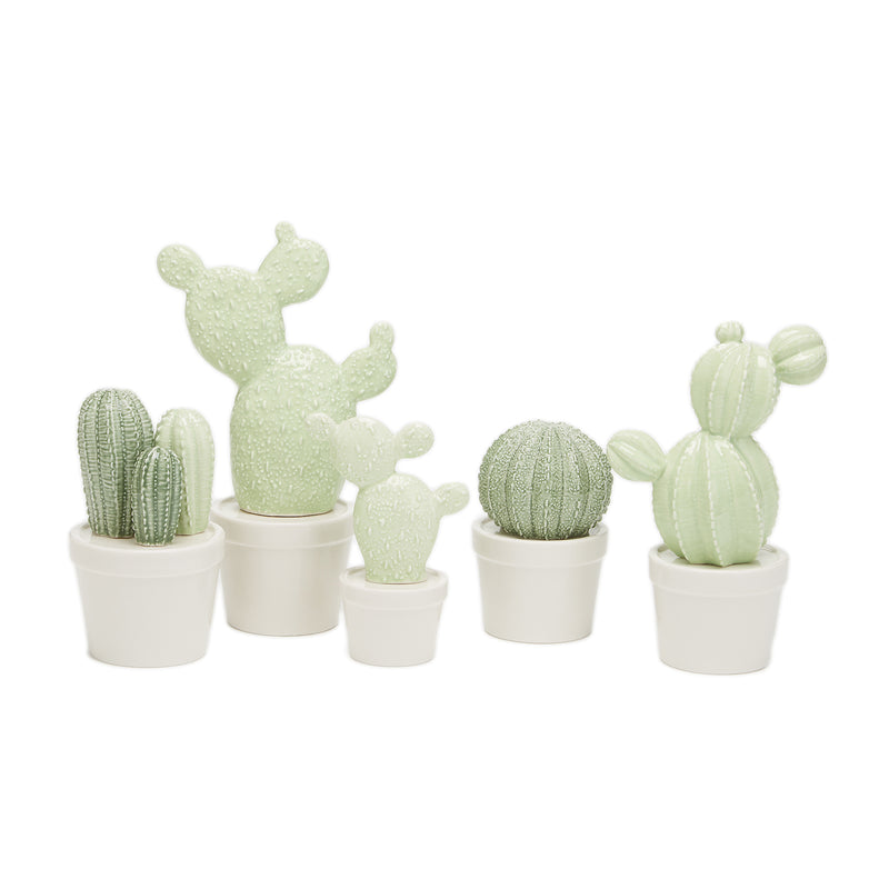Set of five light-green cactus decor sculptures in white pots