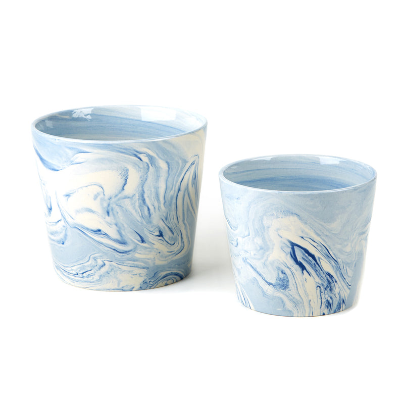 Set of 2 blue flared ceramic containers with swirled marble pattern